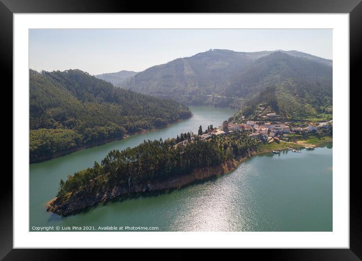 Dornes drone aerial view of city and landscape with river Zezere in Portugal Framed Mounted Print by Luis Pina