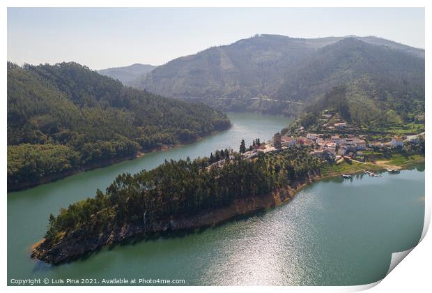 Dornes drone aerial view of city and landscape with river Zezere in Portugal Print by Luis Pina