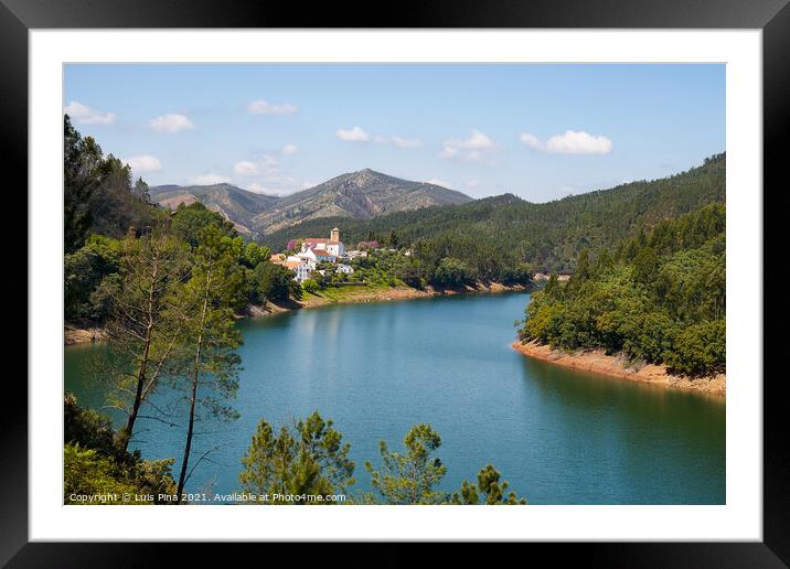 Dornes city and landscape panoramic view with Zezere river, in Portugal Framed Mounted Print by Luis Pina