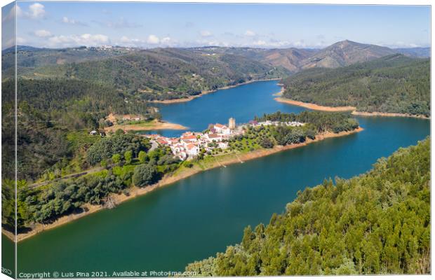 Dornes drone aerial view of city and landscape with river Zezere in Portugal Canvas Print by Luis Pina
