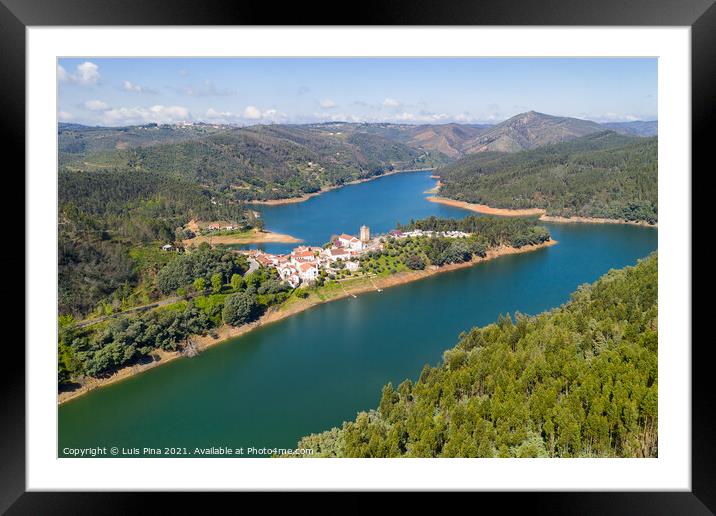 Dornes drone aerial view of city and landscape with river Zezere in Portugal Framed Mounted Print by Luis Pina