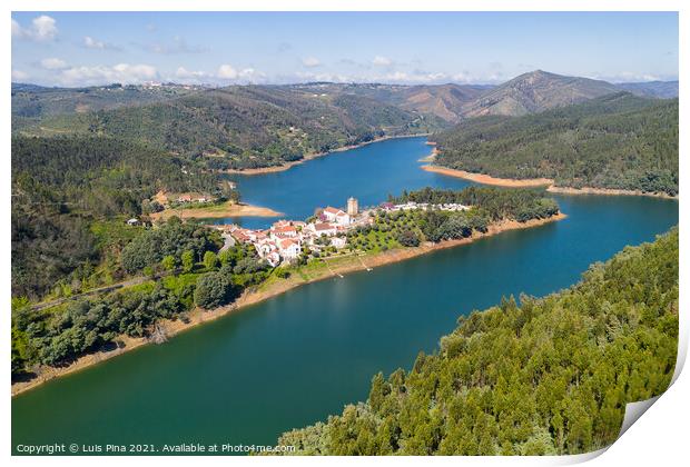Dornes drone aerial view of city and landscape with river Zezere in Portugal Print by Luis Pina