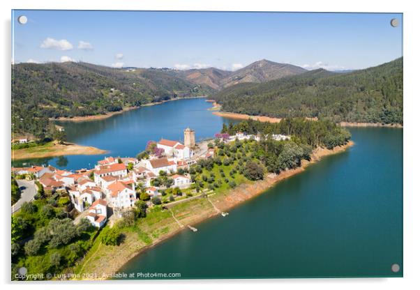 Dornes drone aerial view of city and landscape with river Zezere in Portugal Acrylic by Luis Pina