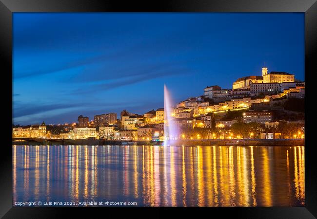 Coimbra city view at night with Mondego river and beautiful historic buildings, in Portugal Framed Print by Luis Pina