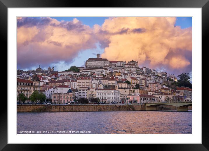 Coimbra city view at sunset with Mondego river and beautiful historic buildings, in Portugal Framed Mounted Print by Luis Pina
