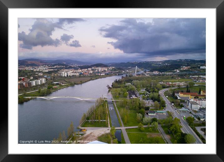 Coimbra drone aerial view of the city park, buildings and bridges at sunset, in Portugal Framed Mounted Print by Luis Pina