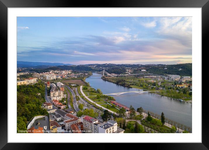 Coimbra drone aerial view of the city park, buildings and bridges at sunset, in Portugal Framed Mounted Print by Luis Pina