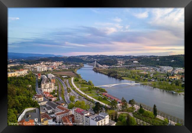 Coimbra drone aerial view of the city park, buildings and bridges at sunset, in Portugal Framed Print by Luis Pina