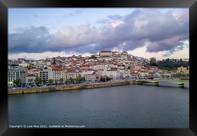 Coimbra drone aerial city view at sunset with Mondego river and beautiful historic buildings, in Portugal Framed Print by Luis Pina