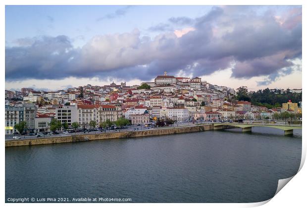 Coimbra drone aerial city view at sunset with Mondego river and beautiful historic buildings, in Portugal Print by Luis Pina