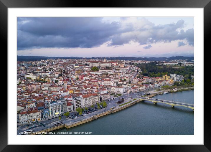 Coimbra drone aerial city view at sunset with Mondego river and beautiful historic buildings, in Portugal Framed Mounted Print by Luis Pina