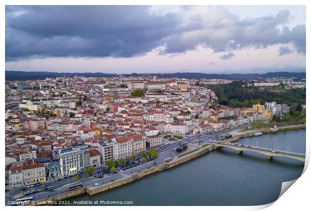 Coimbra drone aerial city view at sunset with Mondego river and beautiful historic buildings, in Portugal Print by Luis Pina