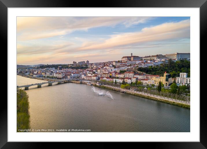 Coimbra drone aerial city view at sunset with Mondego river and beautiful historic buildings, in Portugal Framed Mounted Print by Luis Pina