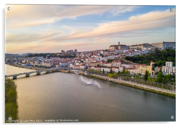 Coimbra drone aerial city view at sunset with Mondego river and beautiful historic buildings, in Portugal Acrylic by Luis Pina