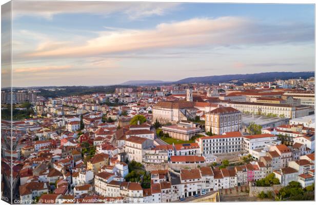 Coimbra drone aerial of beautiful buildings university at sunset, in Portugal Canvas Print by Luis Pina