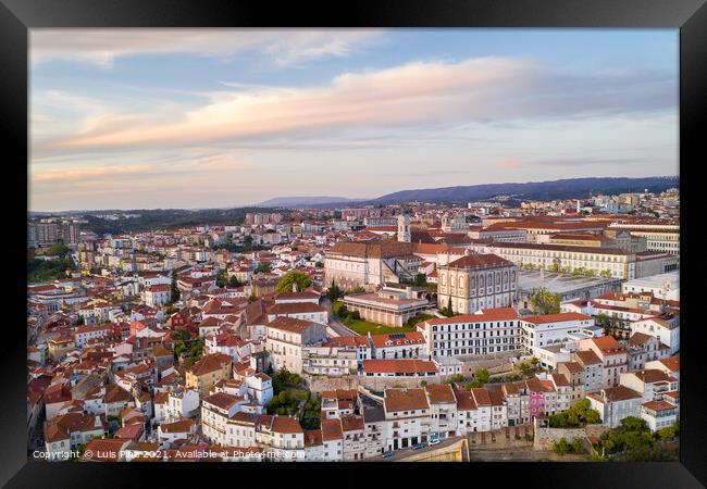 Coimbra drone aerial of beautiful buildings university at sunset, in Portugal Framed Print by Luis Pina