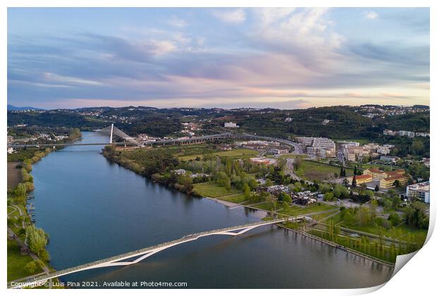 Coimbra drone aerial view of the city park, buildings and bridges at sunset, in Portugal Print by Luis Pina