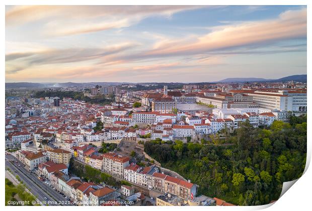 Coimbra drone aerial of beautiful buildings university at sunset, in Portugal Print by Luis Pina