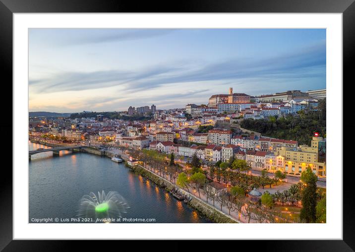 Coimbra drone aerial city view at sunset with colorful fountain in Mondego river and beautiful historic buildings, in Portugal Framed Mounted Print by Luis Pina