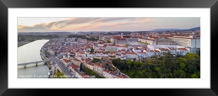 Coimbra panorama drone aerial city view at sunset with Mondego river and beautiful historic buildings, in Portugal Framed Mounted Print by Luis Pina