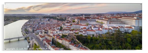 Coimbra panorama drone aerial city view at sunset with Mondego river and beautiful historic buildings, in Portugal Acrylic by Luis Pina