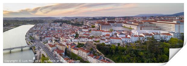 Coimbra panorama drone aerial city view at sunset with Mondego river and beautiful historic buildings, in Portugal Print by Luis Pina