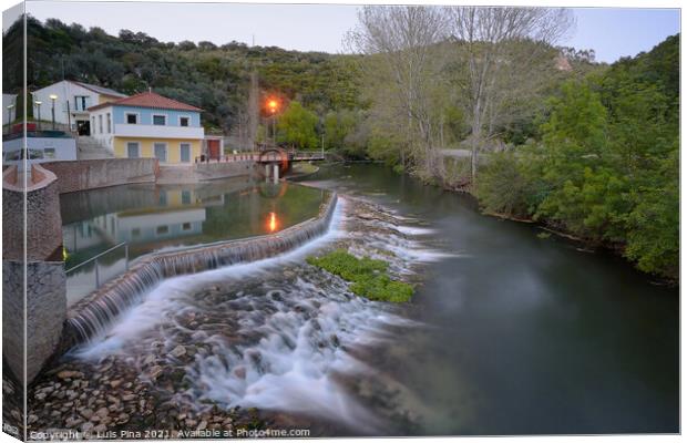 Agroal river fluvial beach with a waterfall and water mill in Portugal Canvas Print by Luis Pina