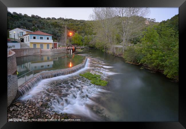 Agroal river fluvial beach with a waterfall and water mill in Portugal Framed Print by Luis Pina