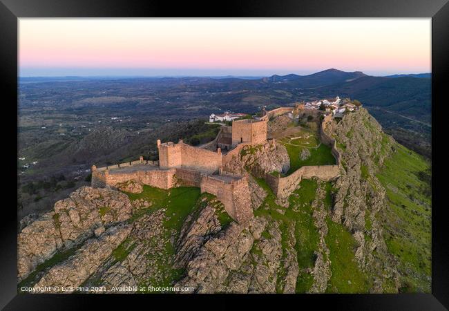 Marvao drone aerial view of the historic village and Serra de Sao Mamede mountain at sunset, in Portugal Framed Print by Luis Pina