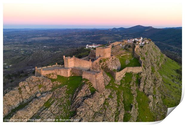 Marvao drone aerial view of the historic village and Serra de Sao Mamede mountain at sunset, in Portugal Print by Luis Pina