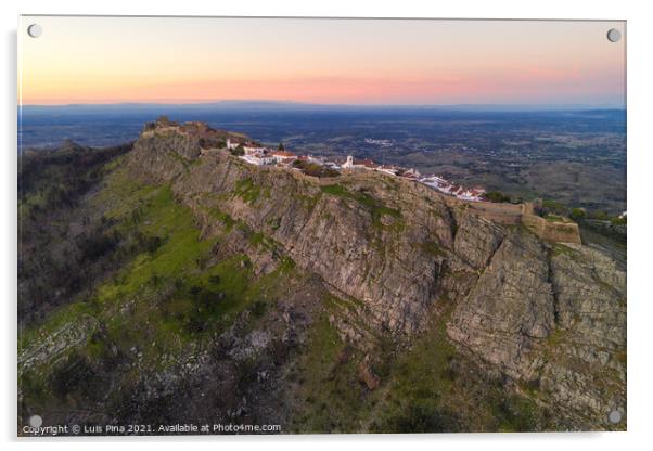 Marvao drone aerial view of the historic village and Serra de Sao Mamede mountain at sunset, in Portugal Acrylic by Luis Pina