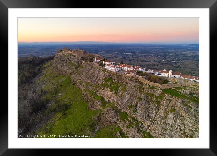 Marvao drone aerial view of the historic village and Serra de Sao Mamede mountain at sunset, in Portugal Framed Mounted Print by Luis Pina
