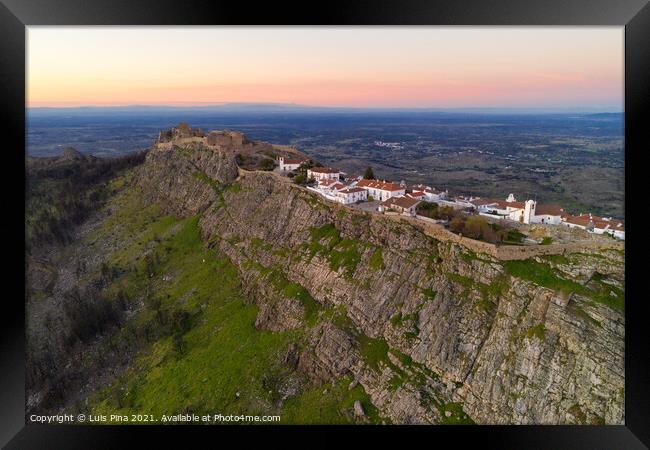 Marvao drone aerial view of the historic village and Serra de Sao Mamede mountain at sunset, in Portugal Framed Print by Luis Pina