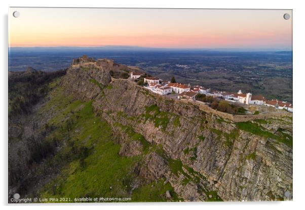 Marvao drone aerial view of the historic village and Serra de Sao Mamede mountain at sunset, in Portugal Acrylic by Luis Pina