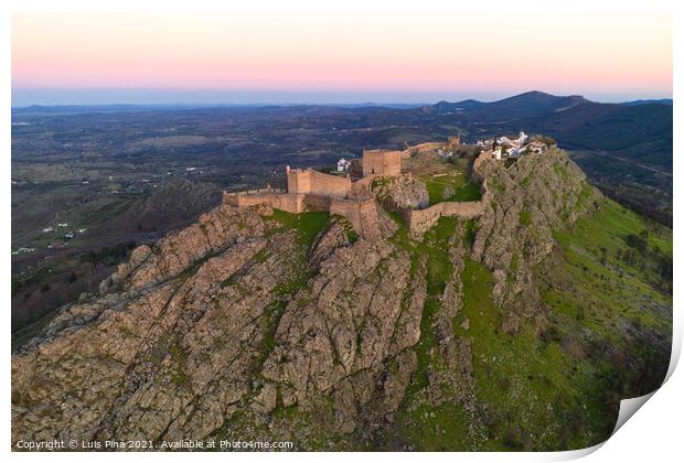 Marvao drone aerial view of the historic village and Serra de Sao Mamede mountain at sunset, in Portugal Print by Luis Pina