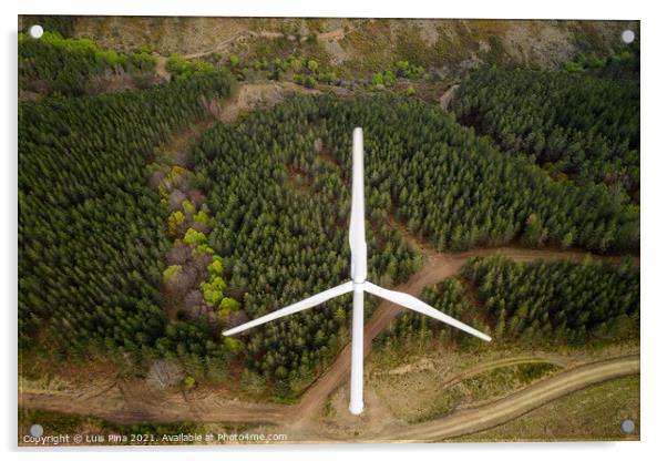 Wind turbines drone aerial view renewable energy on the middle of clouds in Serra da Lousa, Portugal Acrylic by Luis Pina