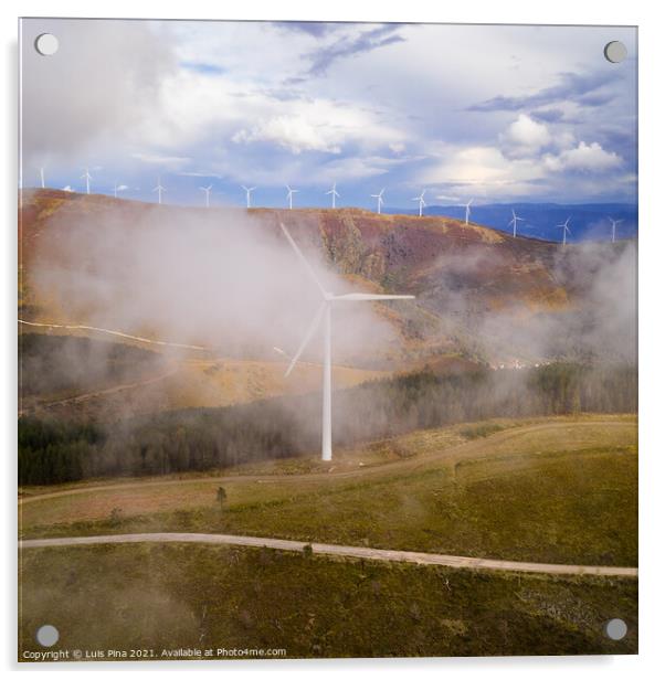 Wind turbines drone aerial view renewable energy on the middle of clouds in Serra da Lousa, Portugal Acrylic by Luis Pina