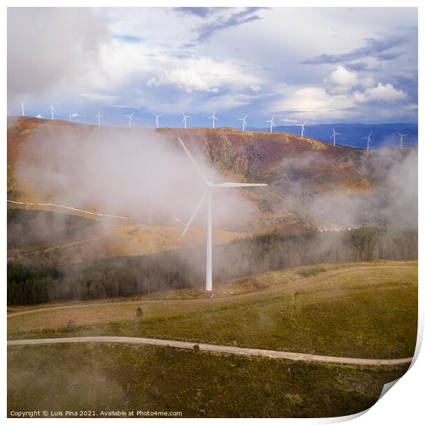 Wind turbines drone aerial view renewable energy on the middle of clouds in Serra da Lousa, Portugal Print by Luis Pina