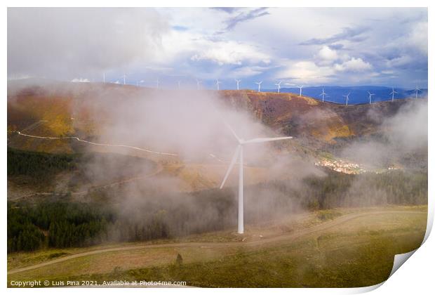 Wind turbines drone aerial view renewable energy on the middle of clouds in Serra da Lousa, Portugal Print by Luis Pina