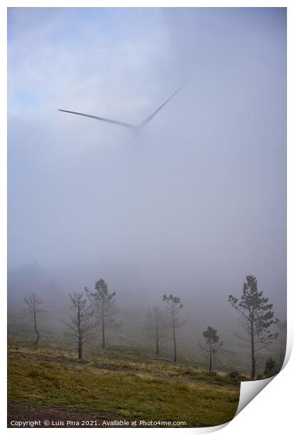 Wind turbines renewable energy on the middle of clouds in Serra da Lousa, Portugal Print by Luis Pina