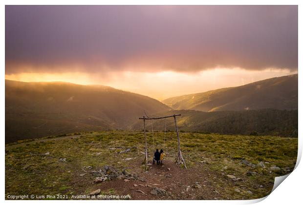 Romantic couple drone aerial view swinging on a Swing baloico in Lousa mountain social distancing, Portugal at sunset Print by Luis Pina