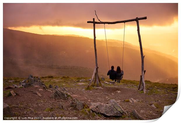 Romantic couple social distancing swinging on a Swing baloico in Lousa mountain, Portugal at sunset Print by Luis Pina