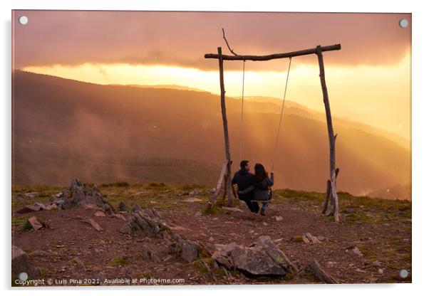 Romantic couple swinging on a Swing baloico in Lousa mountain, Portugal at sunset Acrylic by Luis Pina