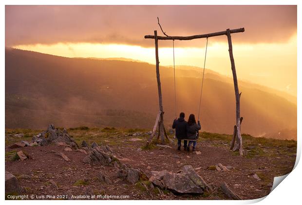 Romantic couple swinging on a Swing baloico in Lousa mountain, Portugal at sunset Print by Luis Pina