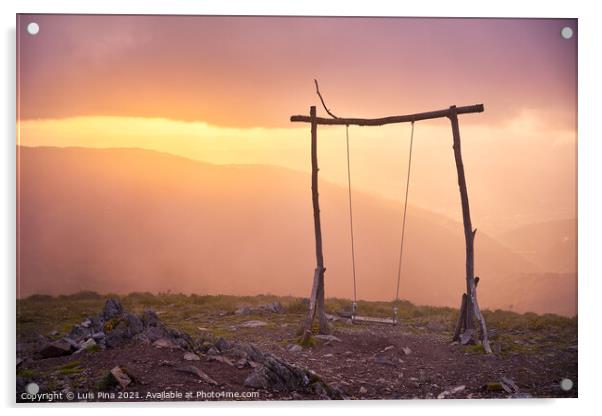 Famous Swing social distancing baloico in Lousa mountain, Portugal at sunset Acrylic by Luis Pina