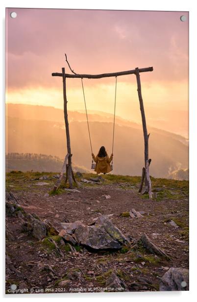Woman girl social distancing swinging on a Swing baloico in Lousa mountain, Portugal at sunset Acrylic by Luis Pina