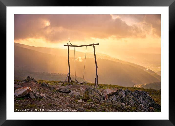 Famous Swing social distancing baloico in Lousa mountain, Portugal at sunset Framed Mounted Print by Luis Pina