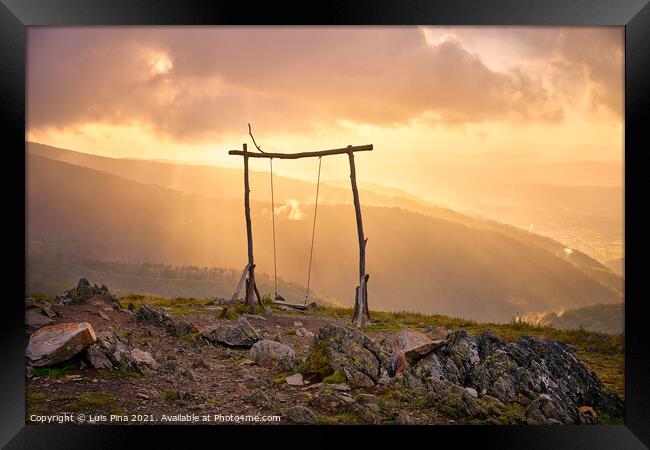 Famous Swing social distancing baloico in Lousa mountain, Portugal at sunset Framed Print by Luis Pina