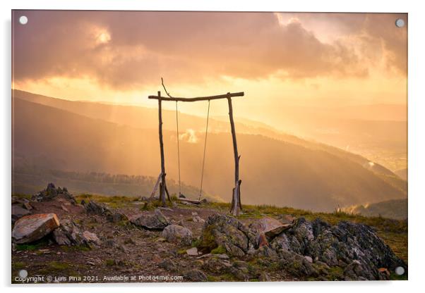 Famous Swing social distancing baloico in Lousa mountain, Portugal at sunset Acrylic by Luis Pina