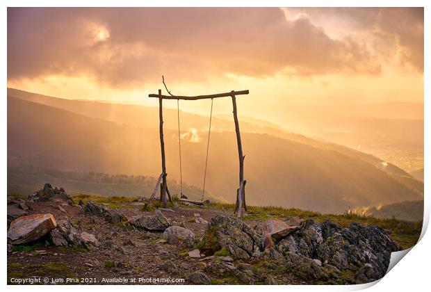 Famous Swing social distancing baloico in Lousa mountain, Portugal at sunset Print by Luis Pina